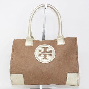 TORY BURCH #39705 Ella Brown Wool & Gold Canvas Tote Bag